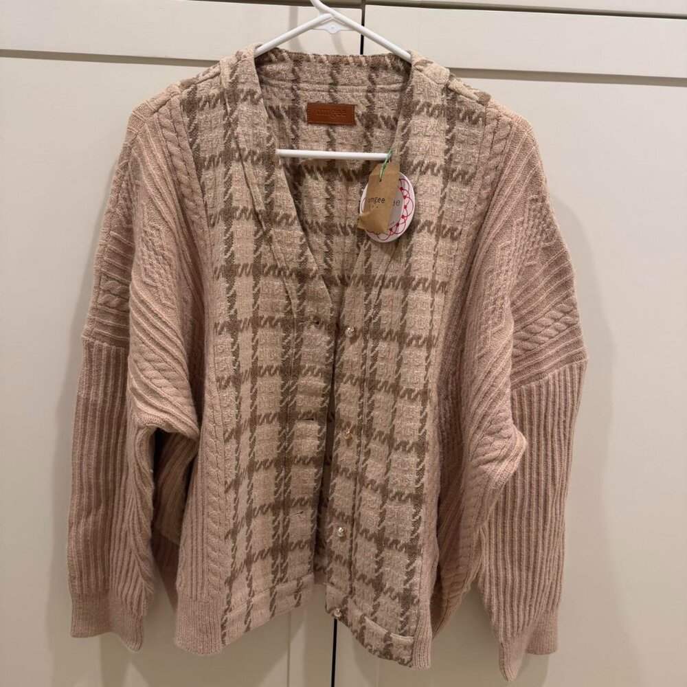 Umgee Tan Brown Plaid Cardigan With Pearl Buttons Oversized Boho Cottage Core S